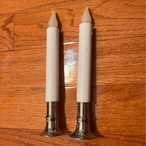 2 Battery Operated Working White Plastic Candlesticks w/Silver Bottoms